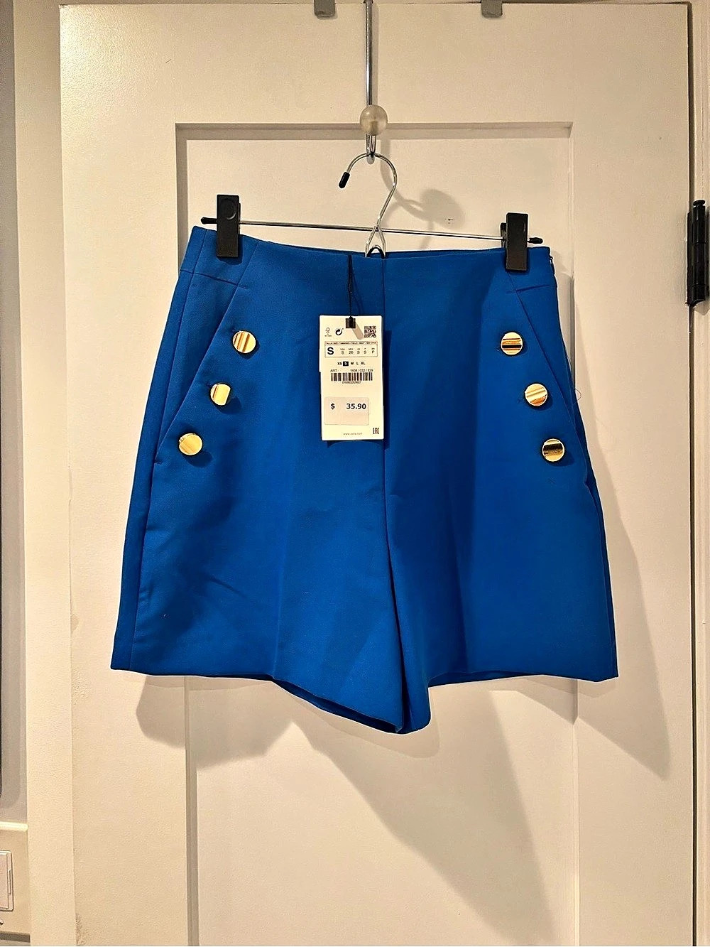 Zara High-Waist Shorts with Gold Buttons Blue Small
